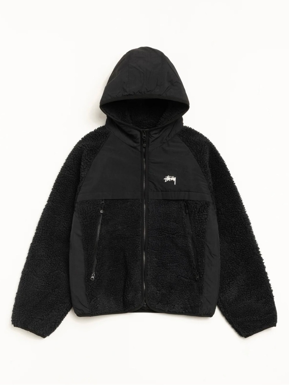 Stussy Black Sherpa Paneled Zip-Up Hooded Jacket NEW WITH TAGS